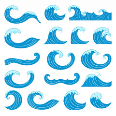 Poster - Set of blue water waves vector illustrations depicting ocean and sea waves perfect for graphic design and creative projects offering various shapes and styles