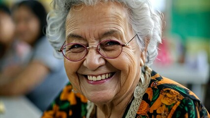 Poster - Elderly lady smiles while studying in adult education class in Brazil, elderly lady studying an adult course in Brazil playing with her classmate during class