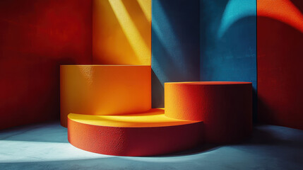 Poster - A smooth 3D background features realistic 4K resolution with side angle view of colorful shapes, creating a visually appealing and modern presentation space.
