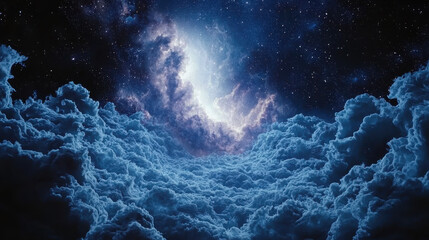 Poster - A realistic 4K sonic exploration through clouds reveals a breathtaking 3D nebula background in a side angle perspective of the cosmos, a truly stunning discovery.