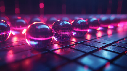 Poster - Sonic exploration of a 3D digital background reveals realistic 4K spheres from a side angle, bathed in vibrant blue and pink light creating a futuristic scene.