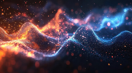 Poster - A realistic 4K 3D background showing sonic frequency waves with a side angle view, exhibiting vibrant orange and blue particles in a beautifully rendered scene.