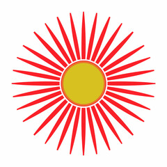 Poster - Stylized sun illustration with golden center and bright red rays radiating outward on white background for creative projects