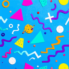 Poster - Vibrant 80s Inspired Pattern with Geometric Shapes on Blue Background for Retro Designs and Creative Projects
