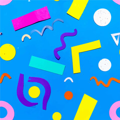 Poster - Vibrant and playful abstract background featuring colorful geometric shapes against a blue backdrop perfect for creative design projects and retro themed visuals