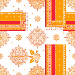 Poster - Vibrant Indian Pattern Design Featuring Traditional Textile Motifs and Ornamental Mandalas in Warm Colors for Cultural Projects