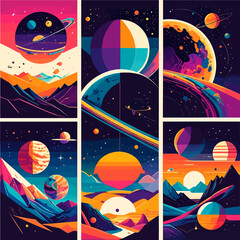 Poster - Vibrant planets and cosmic landscapes create a captivating futuristic atmosphere with mountains and stars