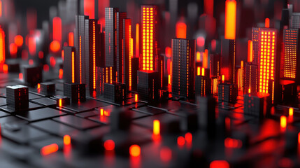 Poster - A 3D rende depicts an abstract cityscape with sound aesthetics, featu realistic 4K textures and a side angle view with black and red tones lights glow.