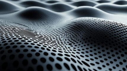 Poster - Realistic 4K 3D background shows a dynamic sound curve from a side angle, creating an undulating surface with a perforated, futuristic design element.