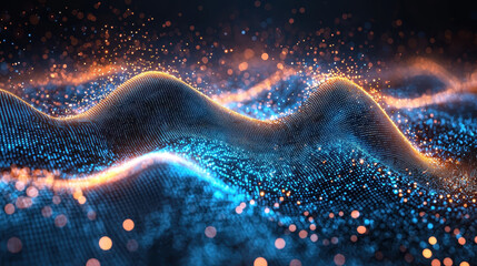 Poster - Captivating 4K side angle view of a 3D energy background, depicting sound waves through realistic particles and vibrant blue and orange colors that scintillate.