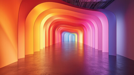 Poster - A vibrant 4K 3D tunnel showcasing realistic sound interpretation with a side view perspective and colorful light spectrum backgrounds in a modern architecture space.