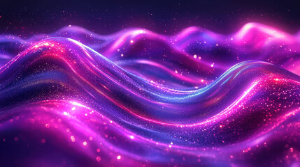 Poster - A realistic 4K side angle view of a 3D sound mapping background showing dynamic purple and blue waves with sparkling highlights and realistic depth perception.