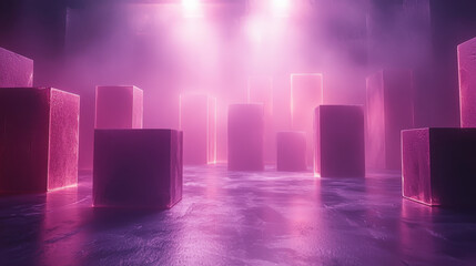 Poster - realistic 4k 3d background showing abstract sound patterns and geometric shapes with vibrant pink an