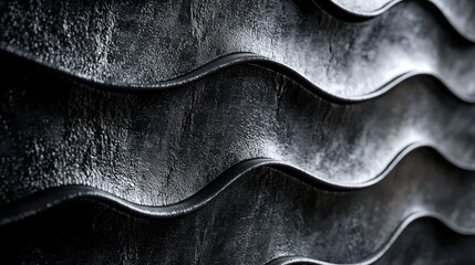 Poster - Realistic 4K background showcasing an abstract 3D pattern of dark, undulating sound waves viewed from a side angle, creating a modern and textured surface effect.