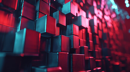 Poster - Realistic 4K 3D background sound representation showing an array of illuminated metallic cubes, creating a mesmerizing side view in a modern art installation.