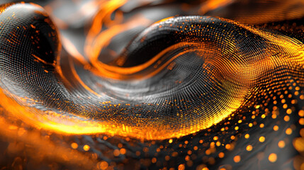 Poster - Realistic abstract 4K background showing a 3D sound wave representation with flowing side view and intricate detail; shimme orange light accents the dark form.