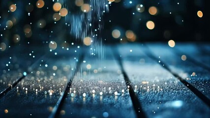 Poster - vibrant blue bokeh lights create a magical atmosphere with shimmering droplets on dark wood, blue bo