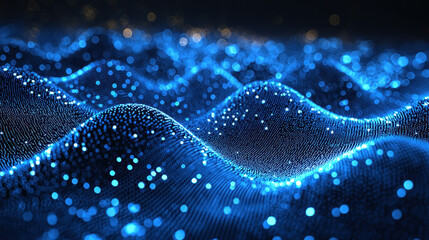 Poster - Side angle view of 3D blue sound waves rising and falling against a dark background creates realistic abstract ripple effect in impressive 4K resolution.