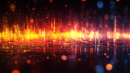 Poster - A vibrant 4K 3D background showcases realistic sound waves emanating from a side angle with colorful bokeh lights and shimme reflections in a dynamic display.
