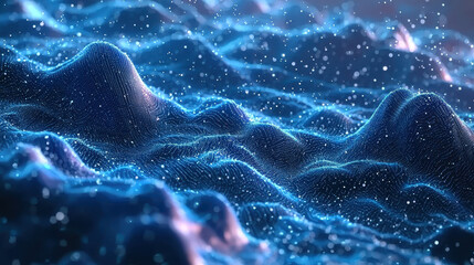 Poster - A realistic 4K side angle 3D background showcases mesmerizing sound waves in shades of blue with glitte particles creating a dynamic visual experience.