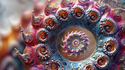 Poster - A realistic 4K 3D render of an intricate spiral design shows detailed fractal art with multiple concentric circles, viewed from a low side angle perspective.