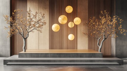 Poster - Zen Interior Design with Platform Trees and Orb Lights Minimalist Style Studio Shot Peaceful Atmosphere