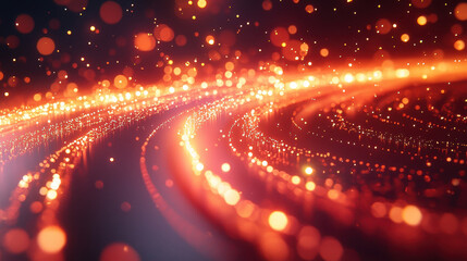 Poster - Realistic 4K background of golden light spirals, curving and glowing with bokeh effect, creates a mesmerizing three-dimensional perspective from a side angle view.