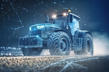 Poster - Digital Tractor Driving on Farm Field Low Angle Futuristic Technology Agriculture Innovation