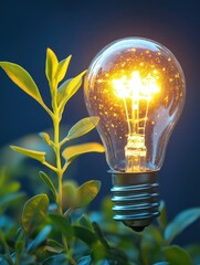 Poster - Glowing Lightbulb Next to Young Plant Symbolizing Sustainable Energy Close Up View on Dark Background