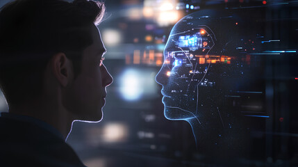 Fototapete - An AI agent hologram symbolizing agentic autonomy for collaboration with the human workforce using autonomous agents to work in business partnership using teamwork 