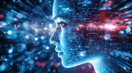 Fototapete - An AI agent hologram symbolizing agentic autonomy for collaboration with the human workforce using autonomous agents to work in business partnership using teamwork 