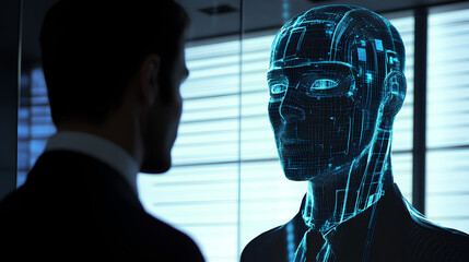 Poster - an ai agent hologram symbolizing agentic autonomy for collaboration with the human workforce using a