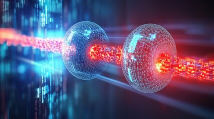 Poster - Quantum Entanglement Illustration Showing Connection Between Spheres and Data Transfer in Futuristic Style