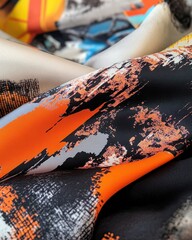Poster - Abstract fabric folds in orange black and gray close up shot of textile design and pattern for fashion or interior