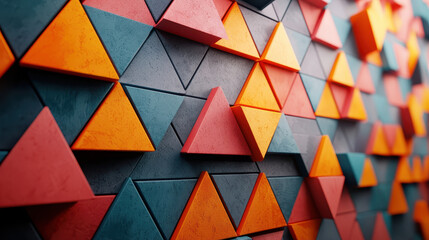 Poster - A visually striking 3D background shows realistic triangular patterns in orange, red, and blue hues, rende a modern side angle in detailed 4K resolution.