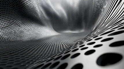 Poster - Striking silver metallic 3D background with a pattern of holes creating a realistic and flowing side angle view, presented in high-resolution 4K quality scene.