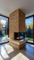 Poster - Modern stone fireplace with glass surround in bright sunlit room interior design architecture