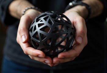 Fototapete - Hands holding a black decorative sphere with intricate geometric patterns