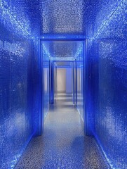 Poster - Blue mosaic hallway perspective view of modern interior design with illuminated walls and doorways in abstract style