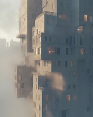 Poster - Fog Shrouded Brutalist Architecture Towering Above Cityscape in Dreamlike Haze Urban Landscape Low Angle View