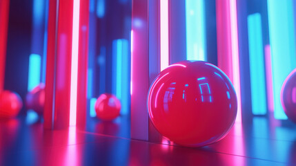 Poster - Realistic 4K 3D rende displays vibrant artwork with glowing neon cylinders and reflective spheres on a polished surface, offe a captivating side angle view.