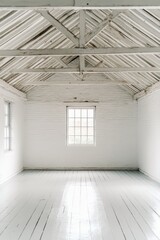 Poster - Empty White Room with Window and Wooden Beams Interior Design Architectural Photography