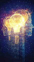 Poster - Abstract human head with lightbulb inside digital art concept of ideas innovation and intelligence on dark blue background