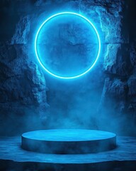 Poster - Blue neon circle illuminates stone platform in cave with fog; product display, futuristic, moody, studio shot