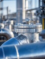 Poster - Close up of industrial pipeline with valve at refinery plant in sunlight, low angle view, engineering concept