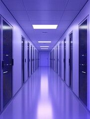 Poster - Server room perspective with rows of data storage cabinets and bright lights in a long hallway in a data center facility