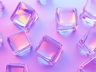 Poster - Ice cubes on pastel background top down studio shot for refreshing summer drink concept and cool minimalist modern design