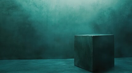 Poster - Concrete Cube Display Against Textured Teal Wall Studio Shot Minimalist Product Showcase Mockup Backdrop for Graphic Design and Presentation