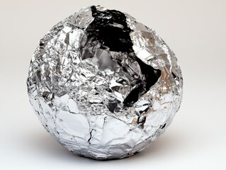 Poster - Abstract still life of a crumpled aluminum foil ball with a large hole on a white background studio shot