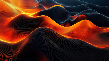 Poster - Side angle view of a vibrant 3D abstract background with realistic glowing orange lines flowing in a dynamic 4K resolution design creating a wavy texture.